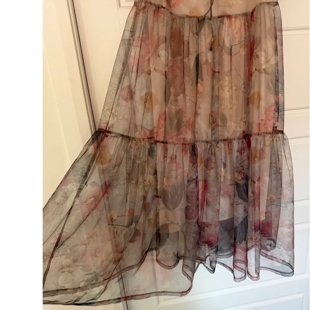 H&M sz M Sheer Floral Puff Sleeve Tiered Tulle Midi Maxi Dress Whimsical Fairy - Picture 11 of 14